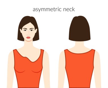 Asimetrik yakalı, turuncu bluzlu, gömlekli güzel bir kadın. Teknik moda çizimi ve uygun bir vücut. Düz giyim şablonu önde, arkada. Kadın ve erkek unisex CAD modeli
