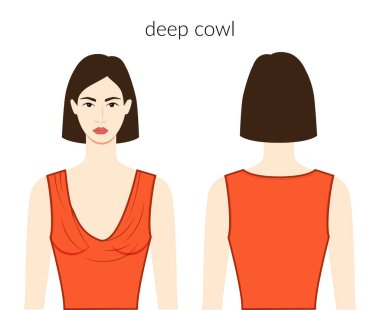 Koyu renk yakalı, turuncu bluzlu, tişörtlü güzel bir kadın. Teknik moda illüstrasyonuna uygun bir vücut. Düz giyim şablonu önde, arkada. Kadın ve erkek unisex CAD modeli