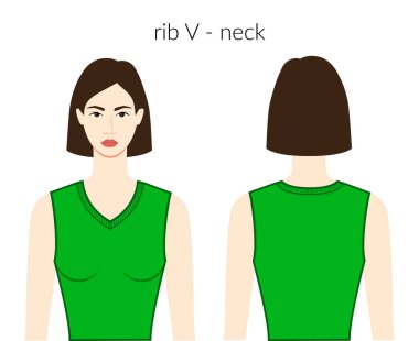 V kaburgası, yaka örgüleri, süveter, yeşil bluz, gömlek, teknik moda çizimi ve uygun vücut. Düz giyim şablonu önü, arkası. Kadın erkek unisex modeli