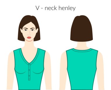 V yakalı Henley örgü örer, kazak giyer yeşil bluzlu güzel bayan, gömlek giyer, teknik moda resimlerini vücuda uyarlar. Düz giyim şablonu. Kadın ve erkek unisex CAD modeli