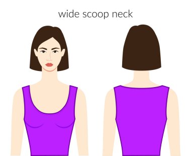 Geniş kepçe yakalı, mor bluzlu güzel kadın, gömlek, teknik moda çizimi ve uygun vücut. Düz giyim şablonu önde, arkada. Kadın ve erkek unisex CAD modeli