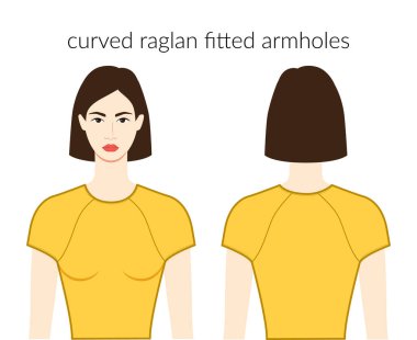 Curved raglan fitted armholes sleeves clothes - dresses, tops, shirts technical fashion illustration with fitted body. Flat apparel template front, back sides. Women, men unisex CAD mockup