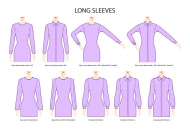 Set of Long sleeves basic clothes with cuff, long length, barrel, two piece, vertical pleat, epaulet technical fashion illustration. Flat apparel template front side. Women, men unisex CAD mockup