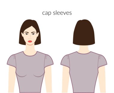 Cap sleeves short length clothes character beautiful lady in grey top, shirt, dress technical fashion illustration with fitted body. Flat apparel template front, back. Women, men unisex CAD mockup