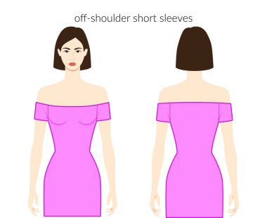 Off-shoulder sleeves short length clothes character beautiful lady in purple top, shirt, dress technical fashion illustration. Flat apparel template front, back sides. Women, men unisex CAD mockup