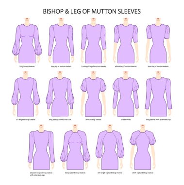 Set of Bishop and Leg of mutton sleeves clothes with cuff, Juliet, extended cups technical fashion illustration with fitted body. Flat apparel template front side. Women, men unisex CAD mockup