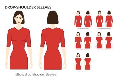 Omzunu indir, kollarını indir, uzun, kısa, 3-4, dirsek uzunluğunda, vücuduna uygun teknik tasvir. Düz giyim şablonu önde, arkada. Kadın ve erkek unisex CAD modeli