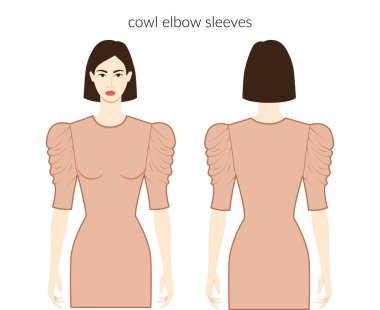 Elbise kolları dirsek uzunluğunda karakter çıplak bluz, tişört, teknik moda illüstrasyonları, uygun vücut. Düz giyim şablonu önde, arkada. Kadın ve erkek unisex CAD modeli