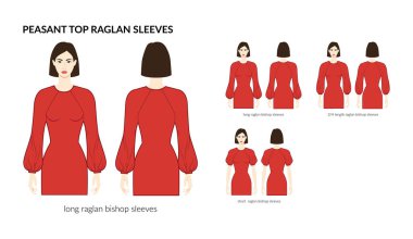 Peasant Top Raglan 'ın kolları piskopos tarzı uzun, 3-4' lük ve kısa metrajlı giysiler. Düz giyim şablonu önde, arkada. Kadın ve erkek unisex CAD modeli