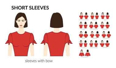 Set of Short sleeves clothes fitted, cap, puff, flutter, shirt, bubble, wing, petal technical fashion illustration, fitted body. Flat apparel template front, back sides. Women, men unisex CAD mockup