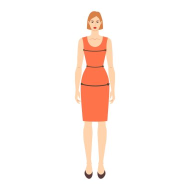 Göğüs, bel, kalça ölçüleri, oklarla ölçülen vücut ölçüleri, ölçü grafiği için moda olan kadınlar. Düz kadın karakter öndeki 8 baş beden, kırmızı elbiseli kız. Giysiler için insan kadın bilgi şablonu