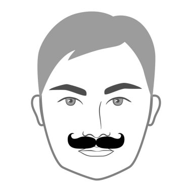 Soytarı bıyıklı Poirot stili adamlar resimle yüz yüze geliyor. Vektör gri portre erkek moda şablonu düz berber seti. Beyaz arkaplanda şık saç stili izole edilmiş dış hat.
