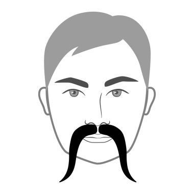 Yosemite Sam bıyık stili erkekler resimli yüz kıllarıyla karşı karşıya. Vektör gri portre erkek moda şablonu düz berber koleksiyonu seti. Beyaz arkaplanda şık saç stili izole edilmiş dış hat