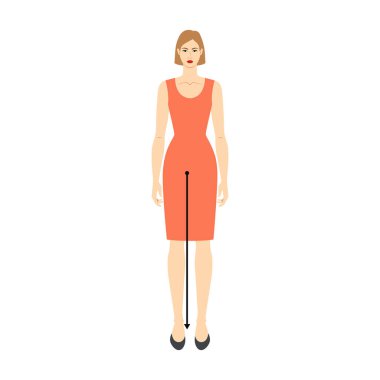 Boyut tablosu için oklarla bacak boyu ölçümü yapan kadınlar. Düz kadın karakter öndeki 8 baş beden, kırmızı elbiseli kız. Giysiler için insan kadın bilgi şablonu