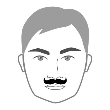 Petite Handlebar bıyık stili erkekler resimli yüz kıllarıyla karşı karşıya. Vektör gri portre erkek moda şablonu düz berber seti. Beyaz arkaplanda şık saç stili izole edilmiş dış hat.