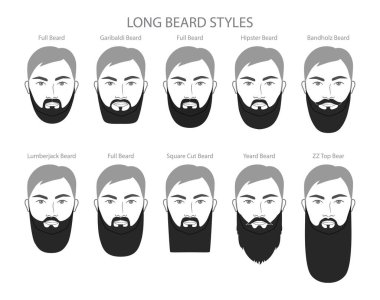 Set of Long Beard and mustache with name text style men face illustration Facial hair. Vector black grey portrait male Fashion template flat barber collection. Stylish hairstyle isolated on white clipart