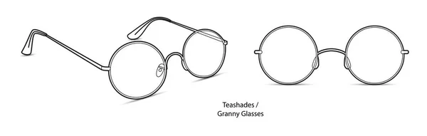 Stock vector Teashades, Granny Glasses frame glasses fashion accessory illustration. Sunglass front and 3-4 view for Men, women, unisex silhouette style, flat rim spectacles eyeglasses with lens sketch isolated