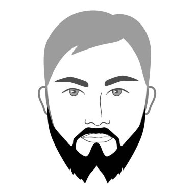 Fransız Çatal Sakal stili adamlar yüz tanıma yüz kıllı bıyıklı. Vektör gri portre erkek moda şablonu düz berber koleksiyonu. Beyaz arkaplanda şık saç stili izole edilmiş dış hat.