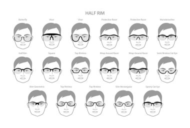 Set of Half Rim frame glasses on men face character fashion accessory illustration. Sunglass front view unisex silhouette style, rim spectacles eyeglasses, lens sketch style outline isolated on white clipart