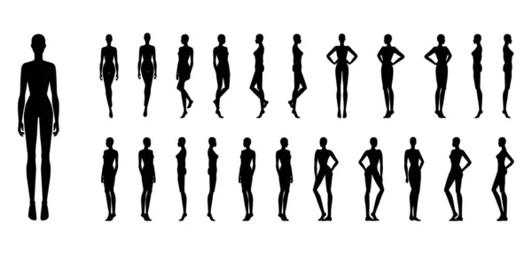 Silhueta Mulheres Definir Corpo Andando Diferentes Poses Moda Ilustração Plana — Vetor de Stock