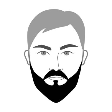 Bıyıklı ördek kuyruğu, bıyıklı adam yüz resmi, bıyıklı adam. Vektör gri portre erkek moda şablonu düz berber koleksiyonu. Beyaz üzerinde şık saç stili izole edilmiş taslak
