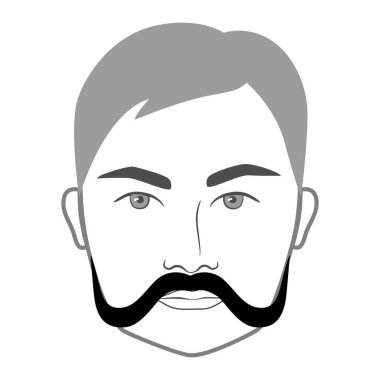 Abhinandan bıyık stili erkekler resimli yüz kıllarıyla karşı karşıya. Vektör gri portre erkek moda şablonu düz berber koleksiyonu seti. Beyaz arkaplanda şık saç stili izole edilmiş dış hat.