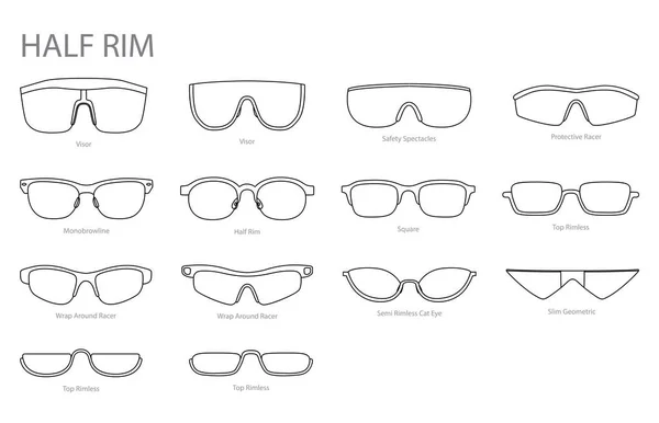 stock vector Set of Half Rim frame glasses fashion accessory illustration. Sunglass front view for Men, women, unisex silhouette style, flat rim spectacles eyeglasses, lens sketch style outline isolated on white