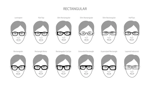Σύνολο Ορθογώνιο Πλαίσιο Γυαλιά Για Τις Γυναίκες Πρόσωπο Χαρακτήρα Μόδας — Διανυσματικό Αρχείο