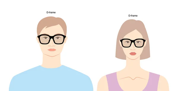 女性と男性のフラット文字ファッションアクセサリーイラスト上のDフレームメガネ サングラスフロントビューユニセックスシルエットスタイル 眼鏡眼鏡 レンズスケッチスタイルアウトライン白で隔離 — ストックベクタ