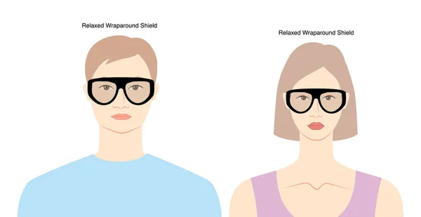 女性と男性のフラット文字ファッションアクセサリーイラスト上のリラックスしたラパウンドシールドフレームメガネ サングラスシルエットスタイル 眼鏡眼鏡 レンズスケッチスタイルアウトライン白に隔離 — ストックベクタ
