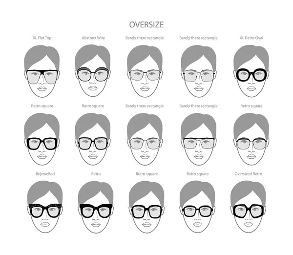 Σύνολο Oversize Γυαλιά Πλαίσιο Για Τις Γυναίκες Πρόσωπο Χαρακτήρα Μόδας — Διανυσματικό Αρχείο