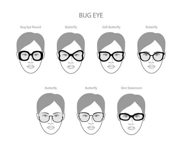 Set Bug Eye Frame Glasses Women Face Character Fashion Accessory Stock Vector