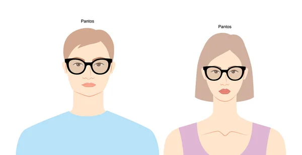 女性と男性のフラットキャラクターファッションアクセサリーイラストのパントスフレームグラス サングラスのフロントビューユニセックスシルエットスタイル リムは眼鏡 レンズのスケッチスタイルを白で隔離 — ストックベクタ