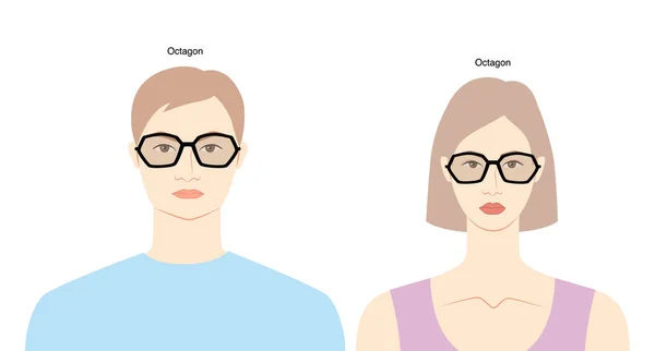 女性と男性のオクタゴンフレームグラスフラットキャラクターファッションアクセサリーイラスト サングラスのフロントビューのシルエットスタイル フラットリムの眼鏡 レンズのスケッチアウトラインが白で分離 — ストックベクタ