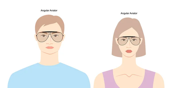 女性と男性のフラットキャラクターファッションアクセサリーイラストにアングルアビエイターフレームグラス サングラスのフロントビューユニセックススタイル リムは 白で隔離されたレンズスケッチのアウトラインと眼鏡を眼鏡を照らします — ストックベクタ
