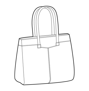 El çantası, siluet çanta. Moda aksesuarı teknik illüstrasyon. Erkekler, kadınlar, unisex tarzı, düz çanta CAD taslak taslağı için vektör önü 3-4 görünümü izole edilmiş