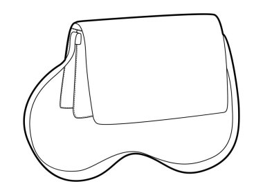 Akordeon kompartıman çantası silueti çapraz gövde. Moda aksesuarı teknik illüstrasyon. Erkek, kadın tarzı, el çantası modeli CAD taslak taslağı için vektör önü 3-4 görünümü izole edildi