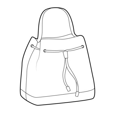 Buckel çanta kova silueti ve asma ip ile kapatılmış. Moda aksesuarı teknik illüstrasyon. Erkekler, kadınlar, unisex tarzı, düz çanta CAD taslak taslağı için vektör önü 3-4 görünümü