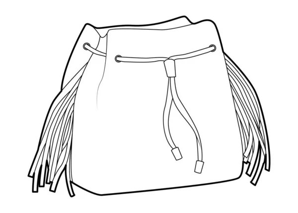 Squaw Bag Bucket Silhouette Drawstring Closure Tassels Fringe Fashion Accessory — Stock Vector