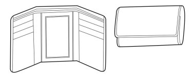 Üçlü Cüzdan - ön görüş seçeneklerini kapat ve aç çanta çantalar moda aksesuar teknik illüstrasyon. Erkekler, kadınlar, unisex siluet tarzı, düz çanta CAD taslak çizimi izole