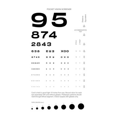 Rosenbaum Pocket Vision Screener Eye Test Çizelgesi rakamlarla dolu. Çizgi vektör taslak çizimi beyaz arkaplanda izole edildi. İnceleme için görme tahtası optometrisi göz doktoru