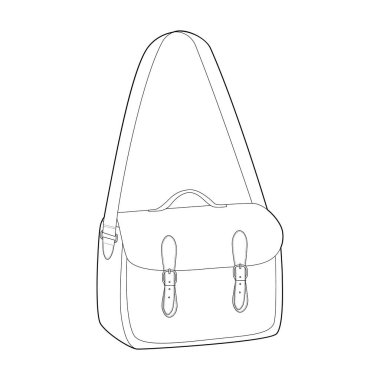 Çanta Çapraz Vücut Torbası kurye silueti çantası. Moda aksesuarı teknik illüstrasyon. Erkekler, kadınlar, unisex tarzı, düz çanta CAD taslak taslağı için vektör önü 3-4 görünümü izole edilmiş