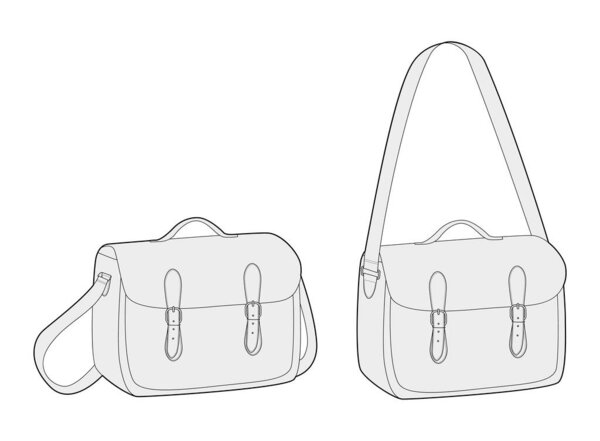 Сумка с мешком для курьеров. Модный аксессуар техническая иллюстрация. Векторный сатирический вид спереди 3-4 для мужчин, женщин, однополый стиль, плоский макет сумки CAD очертания изолированы