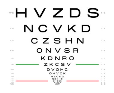 LogMAR çizelgesi Göz Test Çizelgesi Tıbbi Çizelgesi. Çizgi vektör taslak çizimi beyaz arkaplanda izole edildi. Optik gözlükler kontrol ediliyor Görsel inceleme için görme tahtası göz doktoru göz doktoru