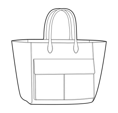 XL Tote Bag 'in ön cebi 3D ve ekstra büyük boyutlarda. Moda aksesuarı teknik illüstrasyon. Erkekler, kadınlar, düz çanta tarzı, CAD taslak taslağı için vektör çantası ön görünümü 3-4