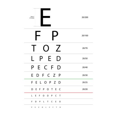 Snellen Göz Testi Tıbbi İllüstrasyonu. çizim biçimi çizimi beyaz arkaplanda izole edildi. Görme tahtası optik optik gözlük kontrol görsel inceleme için göz doktoru göz muayenesi