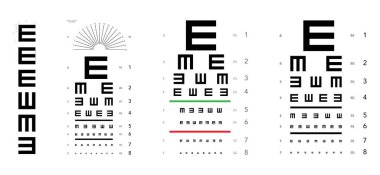 E çizelgesi, göz testi çizelgesi, tıbbî çizimler. Çizgi vektör taslak çizimi beyaz arkaplanda izole edildi. Optik gözlüklerin incelenmesi için görme tahtası göz doktoru göz doktoru