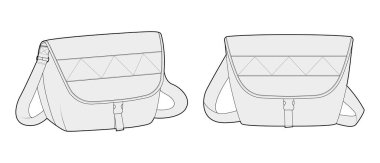 Kurye, Kurye Çantasının siluetini taşıyor. Moda aksesuarı teknik illüstrasyon. Erkekler, kadınlar, unisex tarzı, düz çanta CAD taslak taslağı için vektör önü 3-4 görünümü izole edilmiş