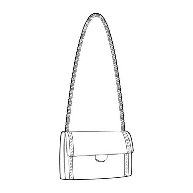 Zincir-Kayış-Çapraz-Vücut Torbası baget silueti. Moda aksesuarı teknik illüstrasyon. Erkekler, kadınlar, unisex tarzı, düz çanta CAD taslak taslağı için vektör önü 3-4 görünümü izole edilmiş