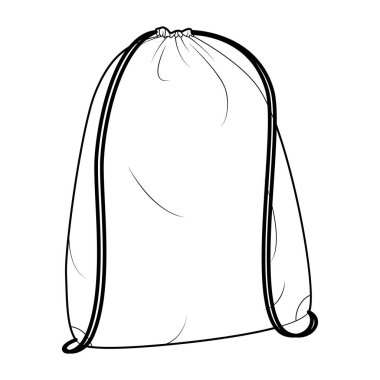 Drawstring çanta siluet çanta. Moda aksesuarı teknik illüstrasyon. Erkekler, kadınlar, unisex tarzı, düz çanta CAD taslak taslağı için vektör önü 3-4 görünümü izole edilmiş